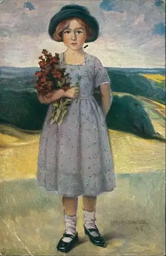A. Kjellberg - Juel Künstlerkarte "Goldlack" Kind Mädchen mit Blumen 1920