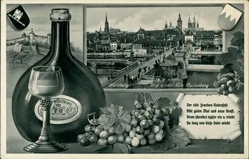 Ansichtskarte Würzburg Weinflasche, Reben - Stadt 1936