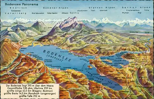 Ansichtskarte  Relief-Karte BODENSEE Gesamtansicht, Berge Alpen Region 1970