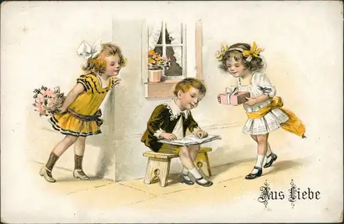 "Aus Liebe" 2 Mädchen beschenken Jungen, Kinder Motiv Postkarte 1928