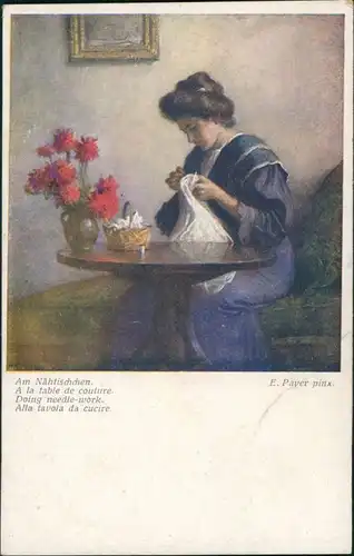 Künstlerkarte "Am Nähtisch" Künstler E. Payer, Art Postcard 1910