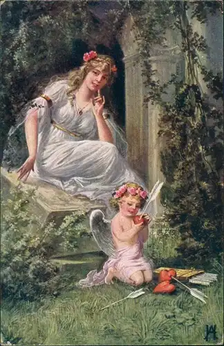 In Amors Reich Szerelmi signierte Künstlerkarte Art Postcard 1910
