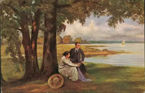 Ansichtskarte  Künstlerkarte "Rast am See" von P. Diest, Paar am See 1910