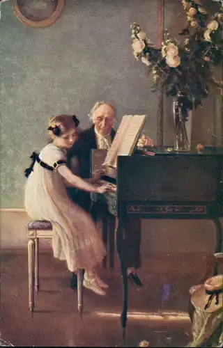 J. A. MUÉNIER Künstlerkarte Mädchen am Klavier, Klavierstunde 1910