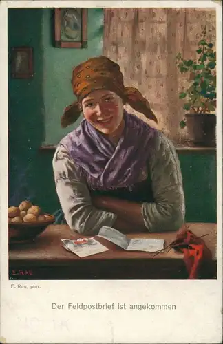 Künstlerkarte "Der Feldpostbrief" Künstler E. Rau pinx. Art Postcard 1915