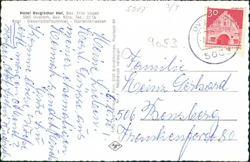 Ansichtskarte Overath Hotel Bergischer Hof Innen u. außen 1968