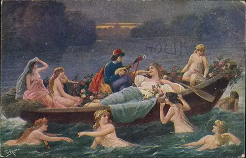 Künstlerkarte F. Rösler Barcarolle Laszive Frauen im Boot 1910