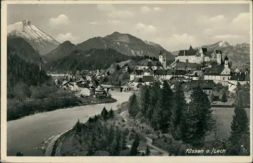 Füssen Panorama-Ansicht Fluss Partie am Lech, Alpen Fernblick 1937