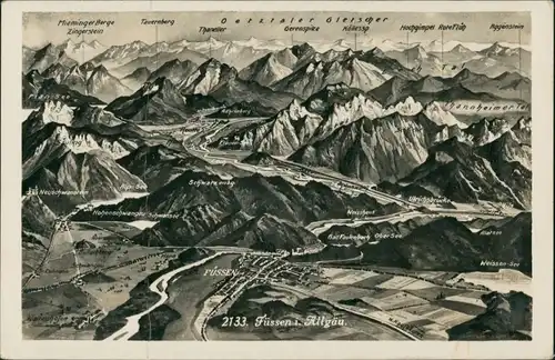 Füssen Panorama Relief-Postkarte, Umland, Blick bis Oetztaler Gletscher 1930