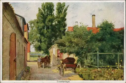 Künstlerkarte "Sommertage" Dorf, Pferde, Kutsche, Art Postcard 1920