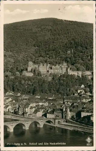 Heidelberg Alte Brücke Heidelberger Schloss Teilansicht am Neckar 1949