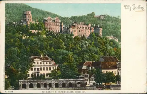 Ansichtskarte Heidelberg Stadtteilansicht Schloss Blick v.d. Hirschgasse 1900