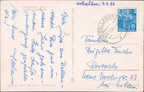 Ballenstedt (Harz) Partie a.d. Landesforstschule, Schule, DDR Postkarte 1956