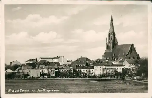 Demmin Panorama-Ansicht Blick v.d. Bürgerwiesen, DDR Postkarte 1954