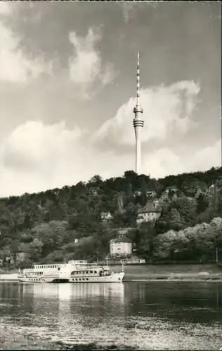 Wachwitz-Dresden Elbe Schiff Binnenschiff passiert den Fernsehturm 1973