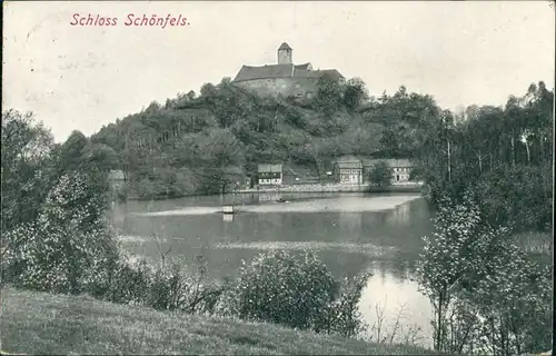 Ansichtskarte Schönfels-Lichtentanne Burg Schönfels, Weiher Häuser 1915