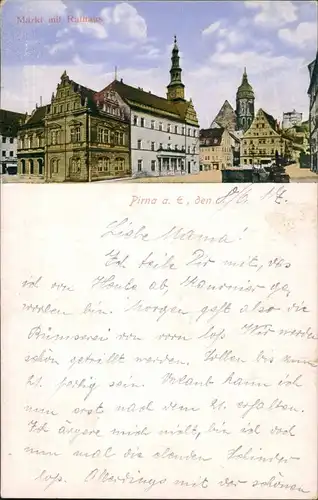 Ansichtskarte Pirna Marktplatz mit Rathaus 1917