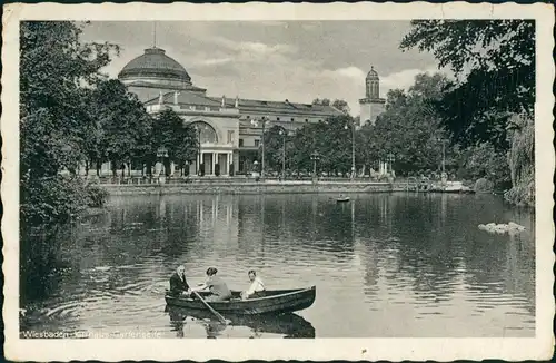 Ansichtskarte Wiesbaden Kurhaus, Teich Ruderpartie 1928