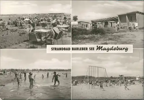 Magdeburg Strandbad Barleber See, Personen, Cafe, Bungalows DDR Mehrbild-AK 1977