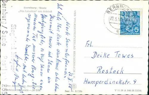 Bernburg (Saale) DDR Postkarte "Die Leuchte" am Schloss, Castle Postcard 1958