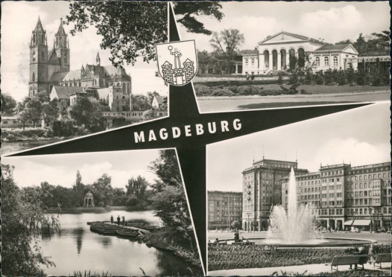 Magdeburg DDR Mehrbild-Postkarte 4 Echtfoto-Ansichten ua. Dom uvm. 1961 ...