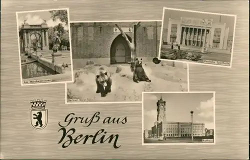Berlin DDR Mehrbild-AK mit Märchenbrunnen, Bären, Dt. Sporthalle u. Rathaus 1968/1958