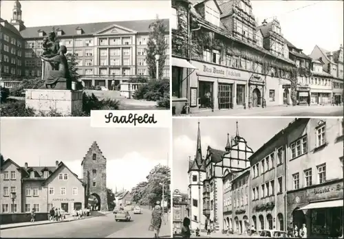 Saalfeld (Saale) DDR Mehrbild-AK mit Krankenhaus, Saalstraße, Saaltor, Markt Rathaus 1977