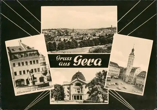 Gera DDR Gruss-Postkarte mit Apotheke, Theater, Rathaus und Teilansicht 1962
