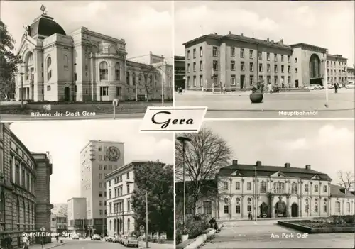 Gera DDR Mehrbild-AK mit Bahnhof, Strassen, Park OdF, Bühnen der Stadt 1973