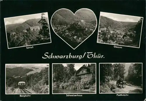 Ansichtskarte Schwarzburg MB: Bergbahn, Gesamt, Postkutsche 1965