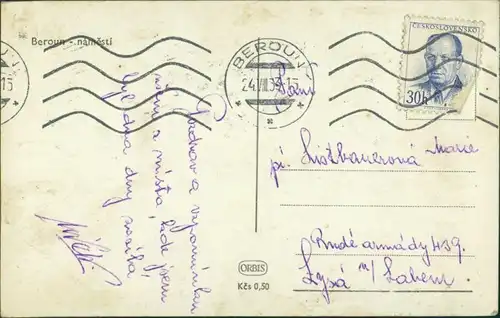 Postcard Beraun (Böhmen) Beroun Marktplatz - Geschäfte 1953