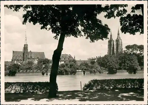 Postcard Breslau Wrocław Oderpromenade mit Dom und Kreuzkirche 1955