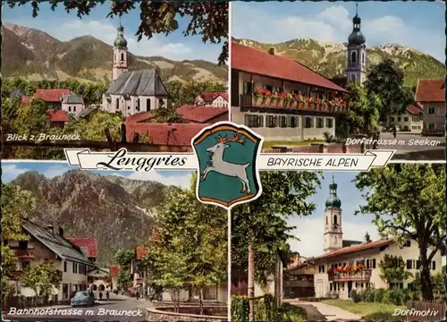 Lenggries Mehrbild-AK mit Dorfstraße, Brauneck, Bahnhof-Str. u. Dorf-Motiv 1965