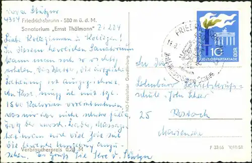 Friedrichsbrunn Sanatorium "Ernst-Thälmann" AK Postkarte DDR 1960/1958