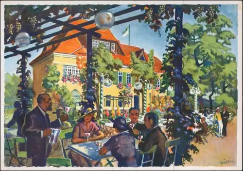 Ansichtskarte Meißen Künstlerkarte: Stadtparkhöhe Weinschank Gebhardt 1930