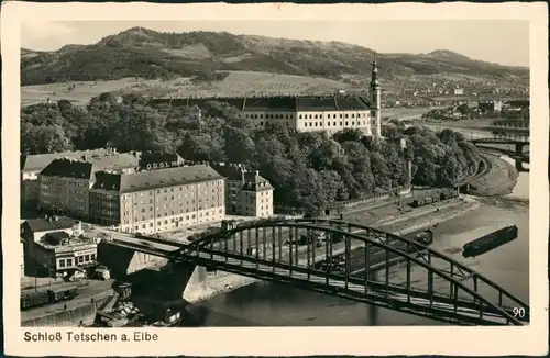 Tetschen-Bodenbach Decín Schloß Panorama-Ansicht mit Elbe Brücke, Castle 1939