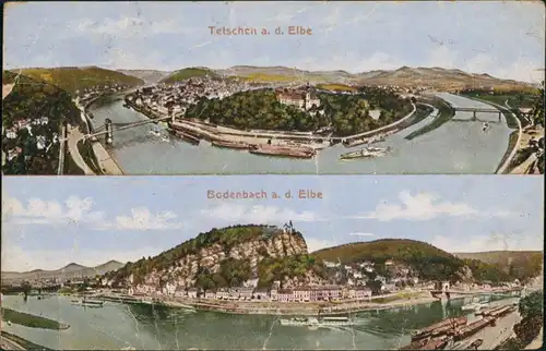 Tetschen-Bodenbach Decín Panorama-Ansichten 2-Bild-Karte Vintage Postcard 1920