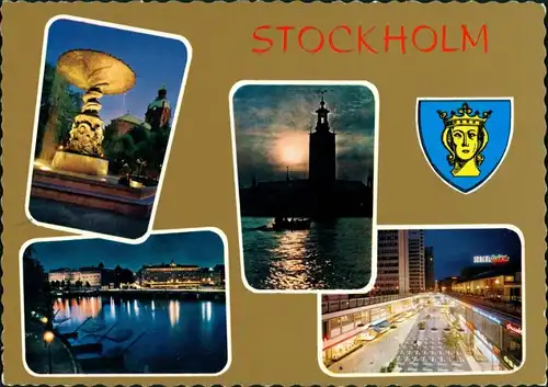 Postcard Stockholm Mehrbild: Nachtansichten, Straßen 1975