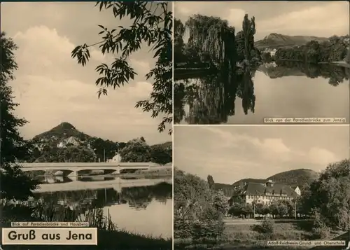 Jena DDR Mehrbild-AK mit Paradiesbrücke Jenzig, Adolf-Reichwein Schule 1963/1962