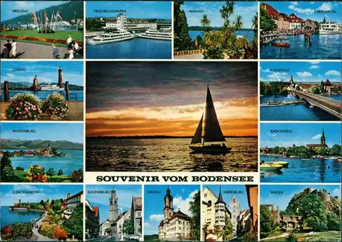 Ansichtskarte .Vorarlberg Souvenir vom Bodensee, Häfen Schiffe, Orte 1980