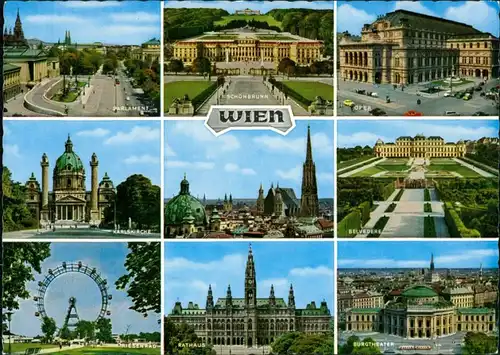 Ansichtskarte Wien Parlament, Oper, Riesenrad, Karlskirche, Burgtheater 1990