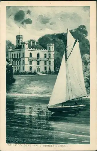 Berg (Starnbergersee) Schloss Berg, Segelboot - Künstlerkarte 1928