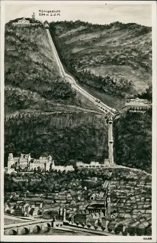 Heidelberg Edler Künstlerkarte mit Schloss, Königsstuhl, Molkenkur 1940