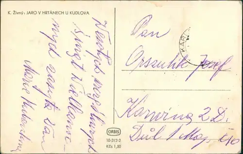 Ansichtskarte  K. Zivný JARO V HRTÁNECH U KUDLOVA Radostne Velikonoce 1950