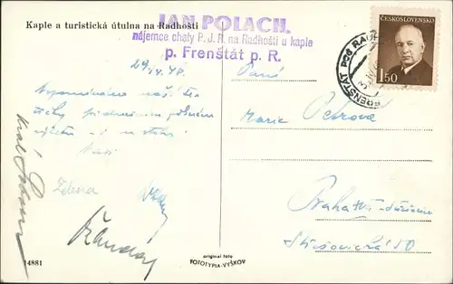 Rosenau Rožnov pod Radhoštěm Kaple a turistická útulna na Radhošti   1948