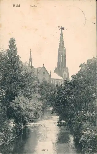 Ansichtskarte Bühl (Baden) Partie an der Kirche - Fluss 1914