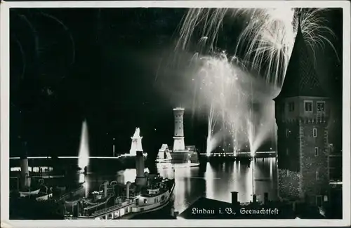 Ansichtskarte Lindau (Bodensee) Hafen - Seenachtfest - Feuerwerk 1935