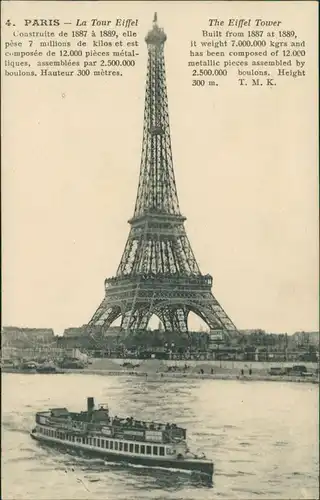 CPA Paris Eiffelturm, Fahrgastschiff 1916