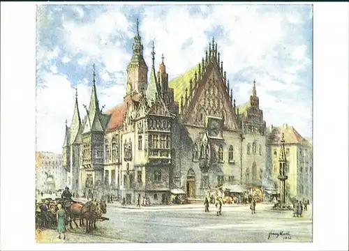Breslau Wrocław Rathaus Künstlerkarte Ansicht mit Pferde Fuhrwerk 2000