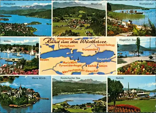 Reifnitz Mehrbild-AK ua. Velden, Reifnitz, Klagenfurt, Umgebungskarte 1970